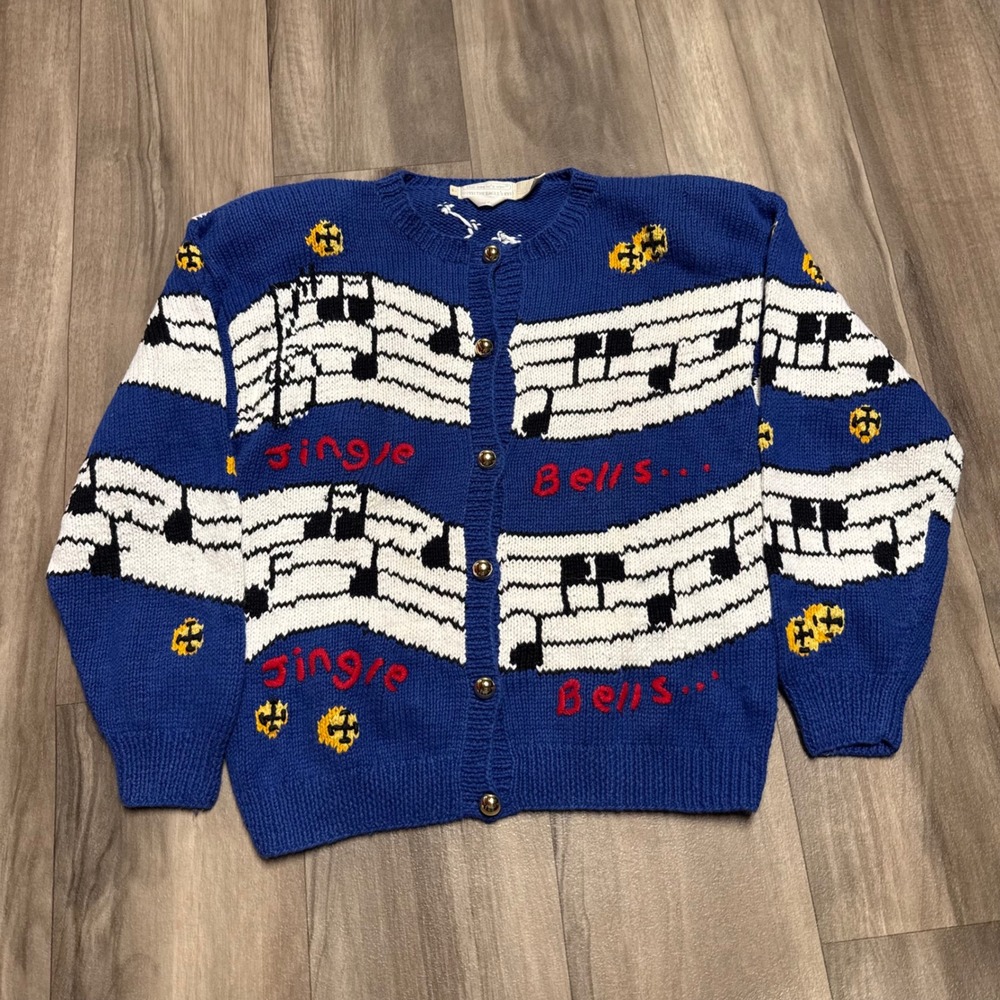 Vintage 1991 Eagles Eye Jingle Bells Musical Christmas Cardigan Sweater Blue L